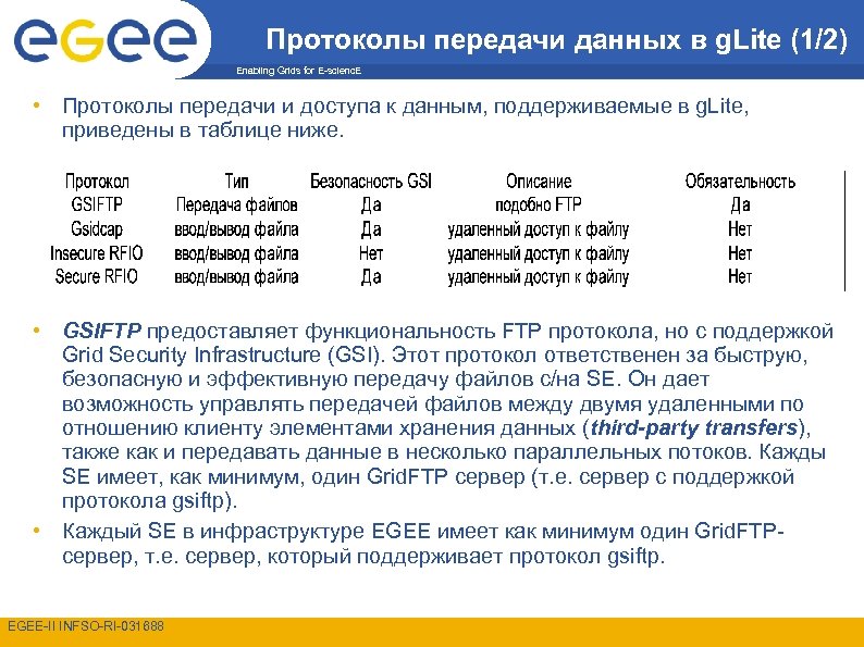 Протоколы передачи данных в g. Lite (1/2) Enabling Grids for E-scienc. E • Протоколы