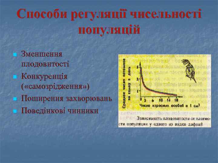 Способи регуляції чисельності популяцій n n Зменшення плодовитості Конкуренція ( «самозрідження» ) Поширення захворювань