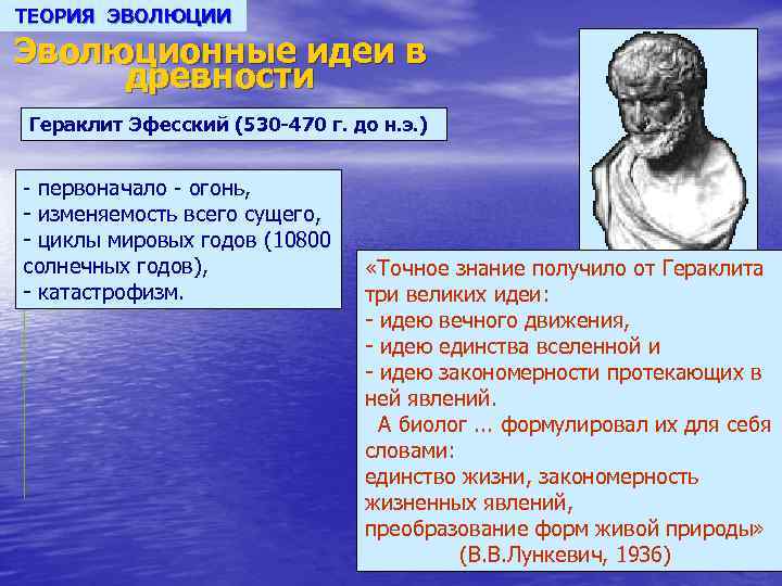 ТЕОРИЯ ЭВОЛЮЦИИ Эволюционные идеи в древности Гераклит Эфесский (530 -470 г. до н. э.