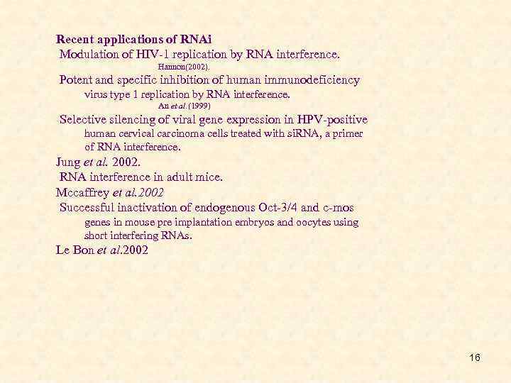 Recent applications of RNAi Modulation of HIV-1 replication by RNA interference. Hannon(2002). Potent and