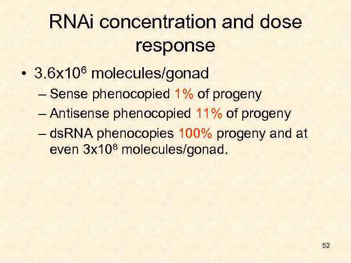 RNAi concentration and dose response • 3. 6 x 106 molecules/gonad – Sense phenocopied