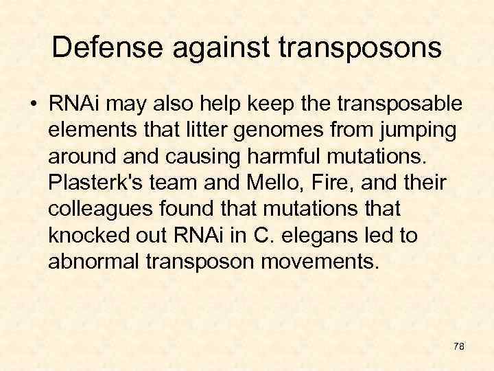 Defense against transposons • RNAi may also help keep the transposable elements that litter