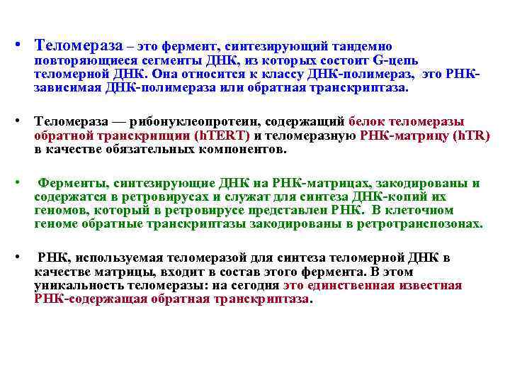  • Теломераза – это фермент‚ синтезирующий тандемно повторяющиеся сегменты ДНК, из которых состоит