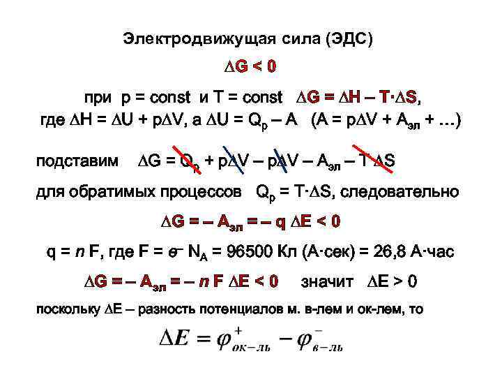 Электродвижущая сила (ЭДС) ∆G < 0 при р = const и Т = const