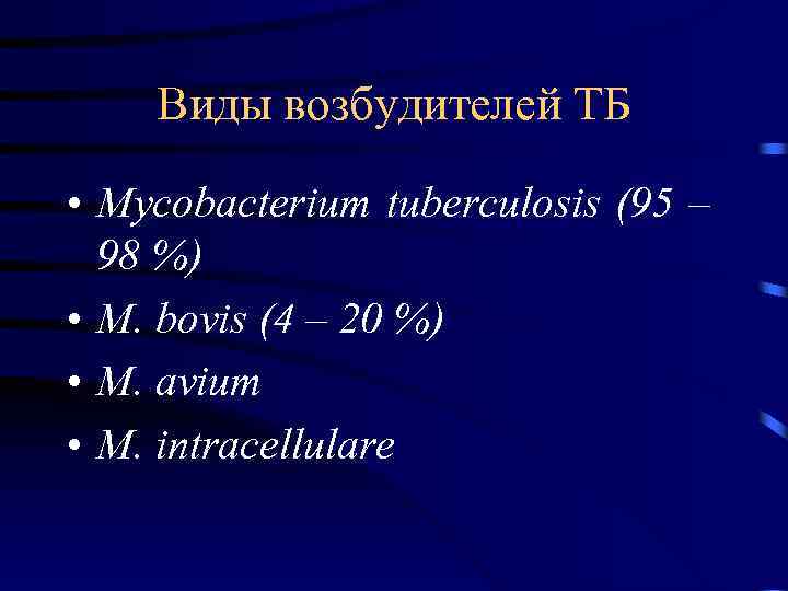 Виды возбудителей ТБ • Mycobacterium tuberculosis (95 – 98 %) • M. bоvis (4