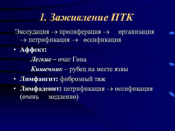 1. Заживление ПТК Экссудация пролиферация организация петрификация оссификация • Аффект: Легкие – очаг Гона