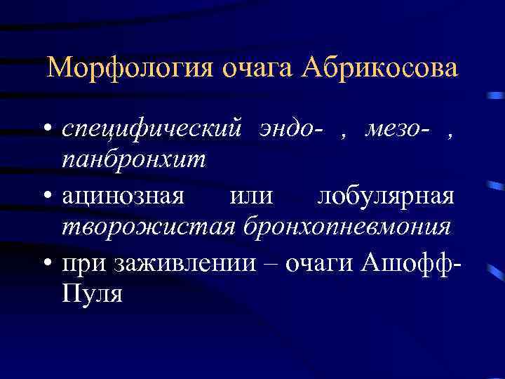 Морфология очага Абрикосова • специфический эндо- , мезо- , панбронхит • ацинозная или лобулярная