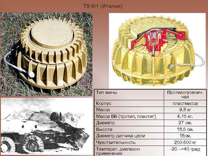 TS-6/1 (Италия) Тип мины Корпус Масса ВВ (тротил, пластит) Диаметр Высота Диаметр датчика цели