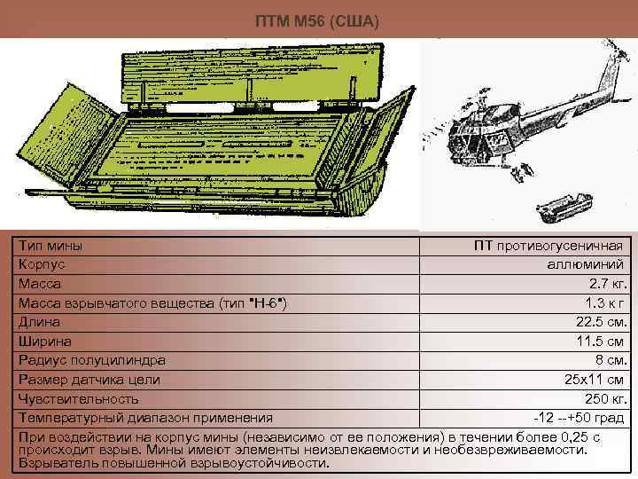 ПТМ М 56 (США) Тип мины ПТ противогусеничная Корпус аллюминий Масса 2. 7 кг.