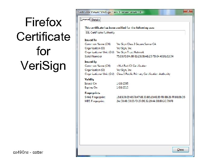 Firefox Certificate for Veri. Sign cs 490 ns - cotter 