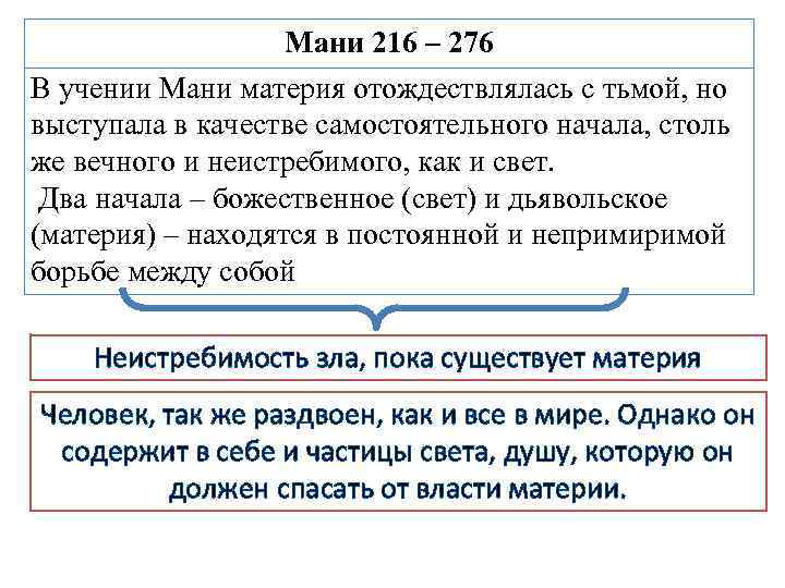 Мани 216 – 276 В учении Мани материя отождествлялась с тьмой, но выступала в