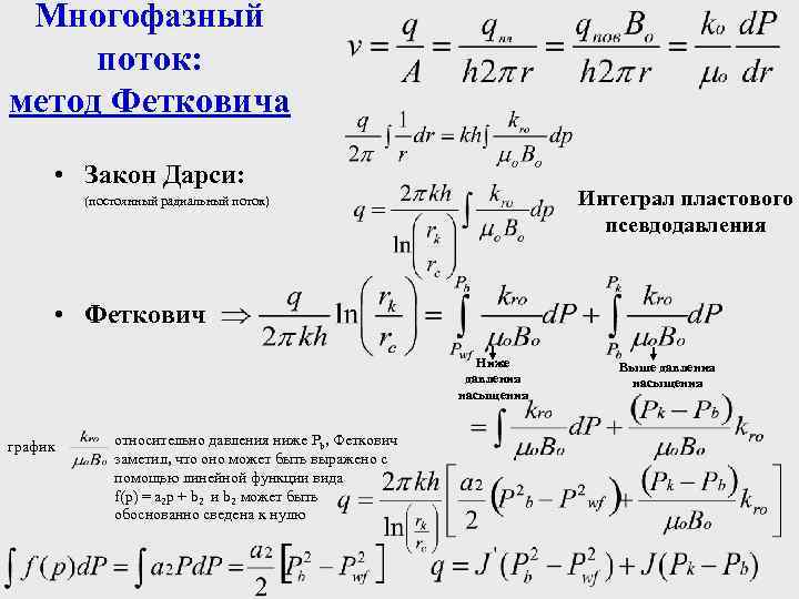 Многофазный поток: метод Фетковича • Закон Дарси: Интеграл пластового псевдодавления (постоянный радиальный поток) •