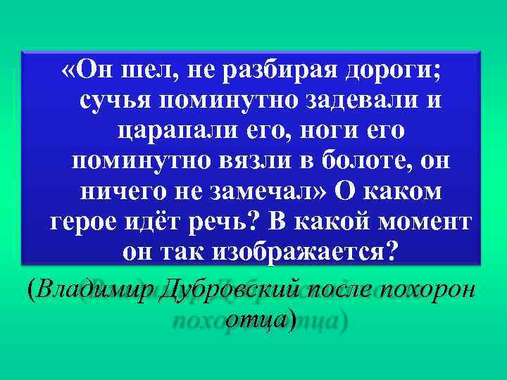  «Он шел, не разбирая дороги; сучья поминутно задевали и царапали его, ноги его