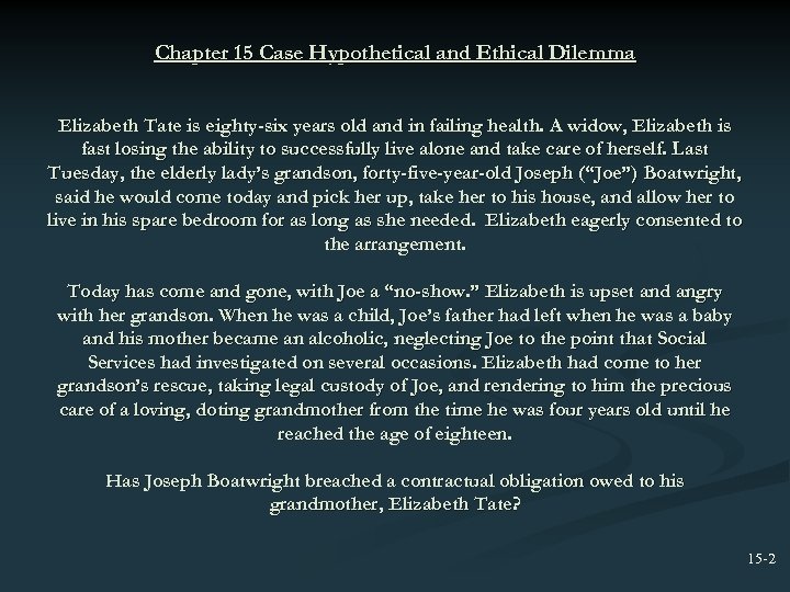Chapter 15 Case Hypothetical and Ethical Dilemma Elizabeth Tate is eighty-six years old and