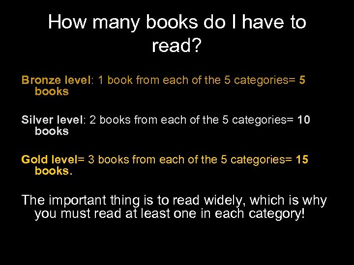 How many books do I have to read? Bronze level: 1 book from each