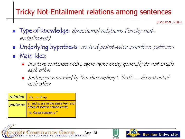 Tricky Not-Entailment relations among sentences (Hickl et al. , 2006) n Type of knowledge: