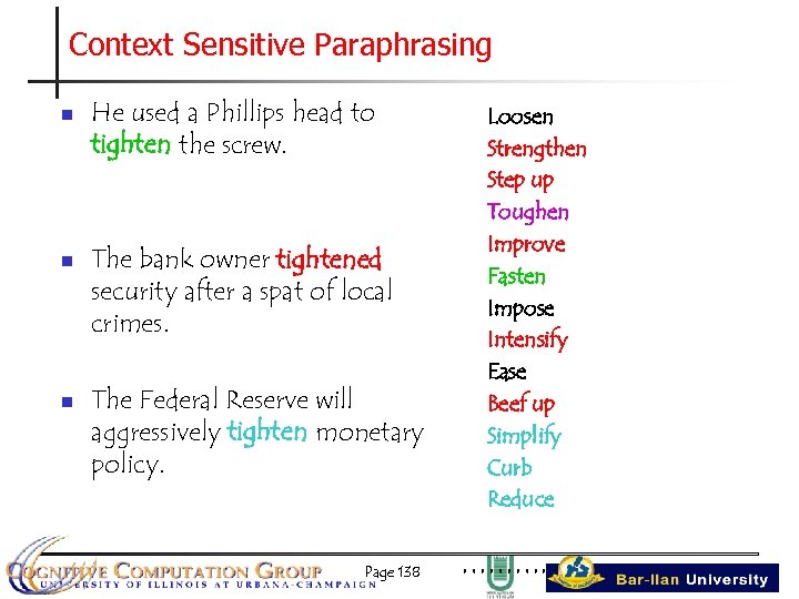 Context Sensitive Paraphrasing n n n He used a Phillips head to tighten the