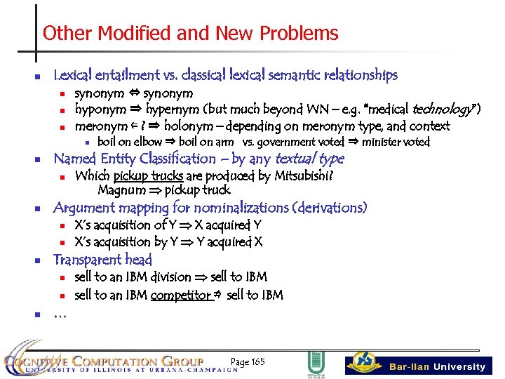 Other Modified and New Problems n Lexical entailment vs. classical lexical semantic relationships n