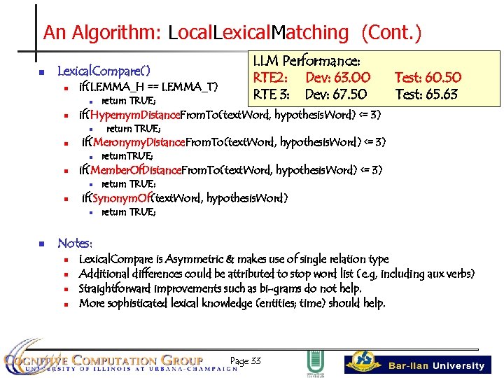 An Algorithm: Local. Lexical. Matching (Cont. ) n Lexical. Compare() n if(LEMMA_H == LEMMA_T)