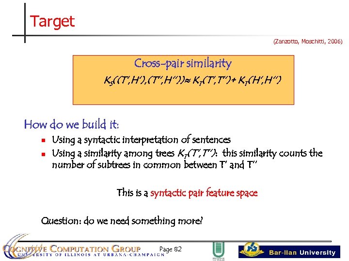 Target (Zanzotto, Moschitti, 2006) Cross-pair similarity KS((T’, H’), (T’’, H’’)) KT(T’, T’’)+ KT(H’, H’’)