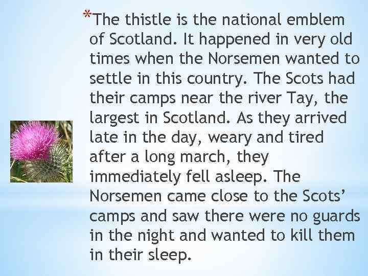 *The thistle is the national emblem of Scotland. It happened in very old times