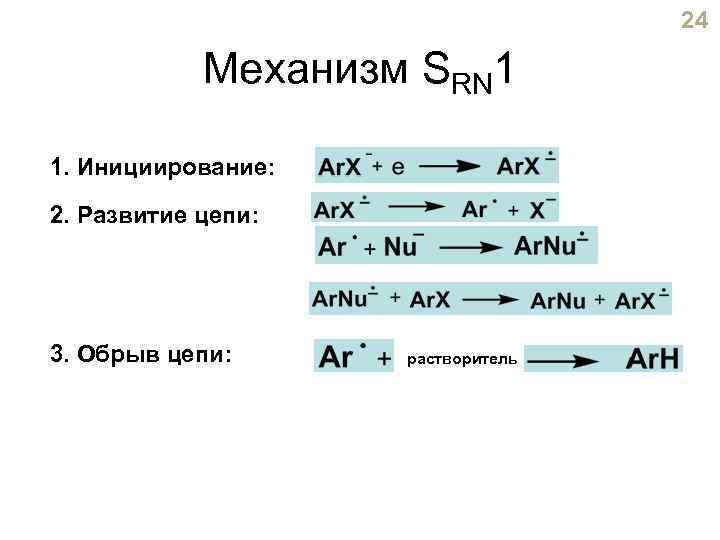 24 Механизм SRN 1 1. Инициирование: 2. Развитие цепи: 3. Обрыв цепи: растворитель 