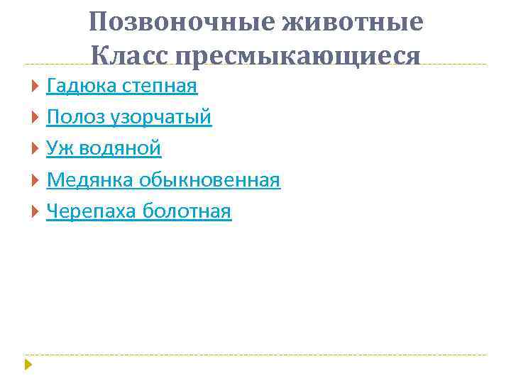 Позвоночные животные Класс пресмыкающиеся Гадюка степная Полоз узорчатый Уж водяной Медянка обыкновенная Черепаха болотная