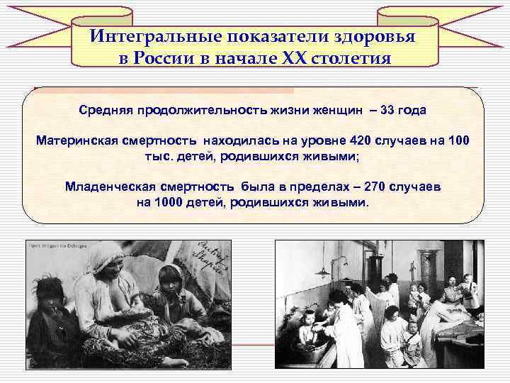 Интегральные показатели здоровья в России в начале XX столетия Средняя продолжительность жизни женщин –