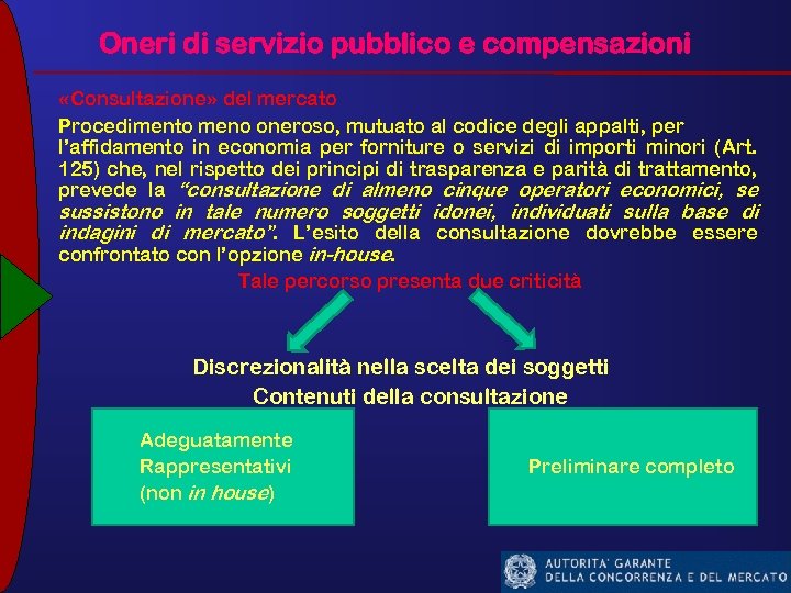 Oneri di servizio pubblico e compensazioni «Consultazione» del mercato Procedimento meno oneroso, mutuato al