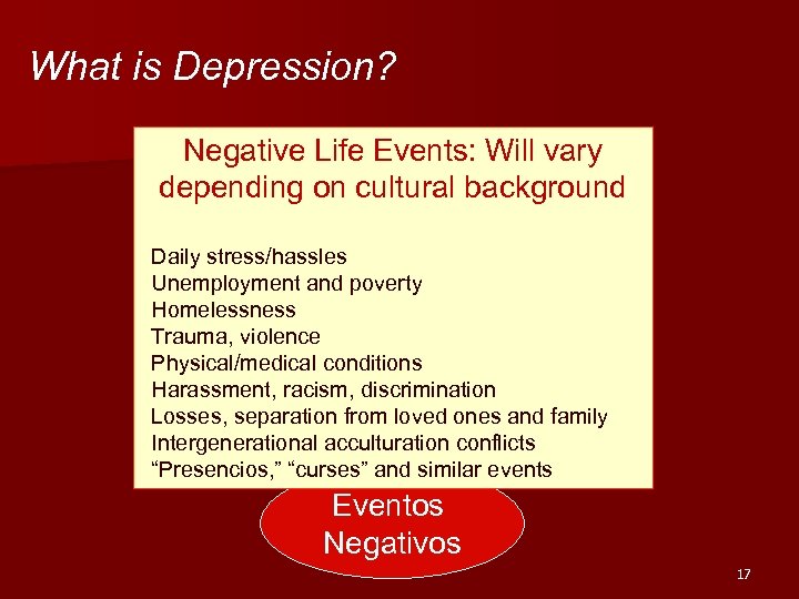 What is Depression? Negative Life Events: Will vary depending on cultural background Daily stress/hassles