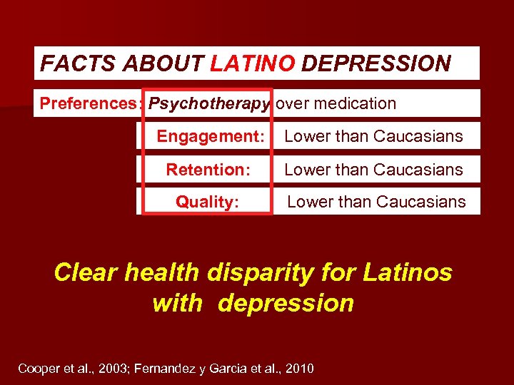 FACTS ABOUT LATINO DEPRESSION Preferences: Psychotherapy over medication Engagement: Lower than Caucasians Retention: Lower