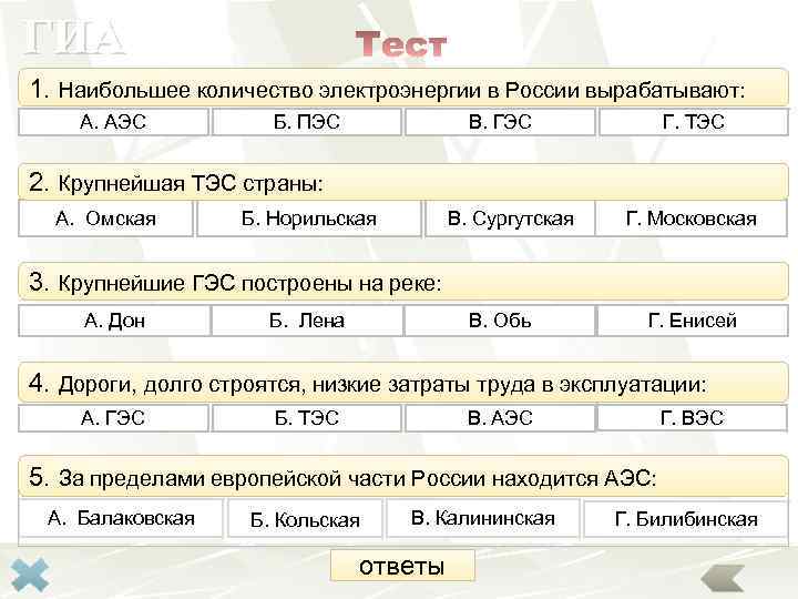 ГИА 1. Наибольшее количество электроэнергии в России вырабатывают: А. АЭС Б. ПЭС В. ГЭС