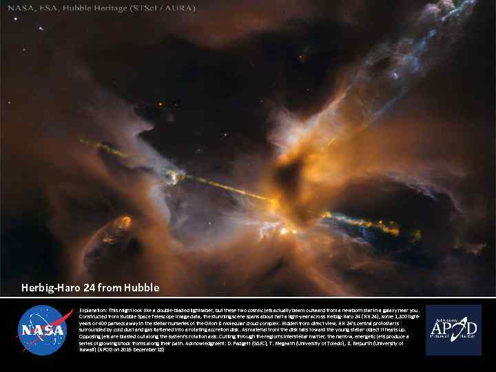 Herbig-Haro 24 from Hubble Explanation: This might look like a double-bladed lightsaber, but these