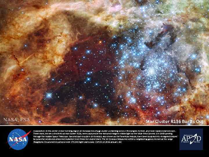 Star Cluster R 136 Bursts Out Explanation: In the center of star-forming region 30