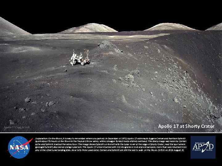 Apollo 17 at Shorty Crater Explanation: On the Moon, it is easy to remember