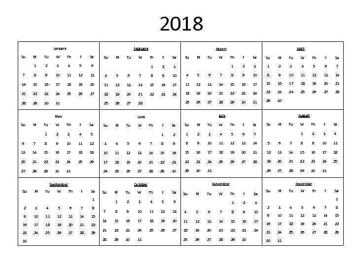 2018 January Su February M Tu W Th F Sa 1 2 3 4
