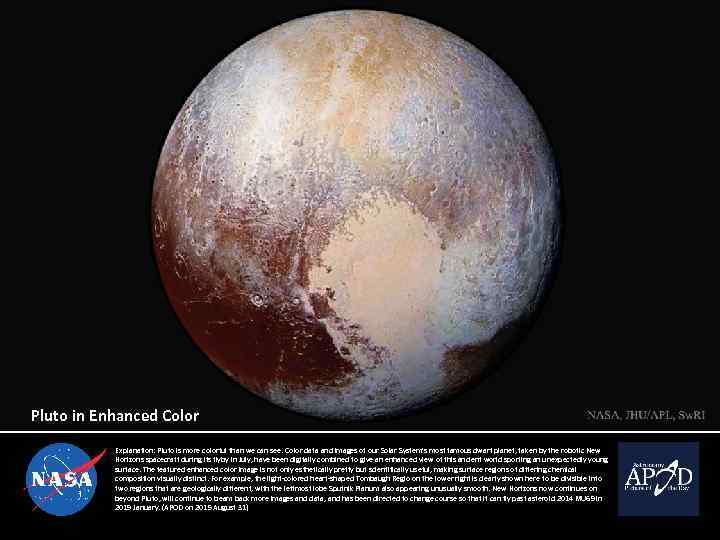 Pluto in Enhanced Color Explanation: Pluto is more colorful than we can see. Color