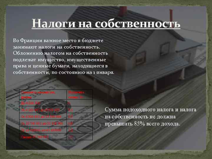 Налоги на собственность Во Франции важное место в бюджете занимают налоги на собственность. Обложению
