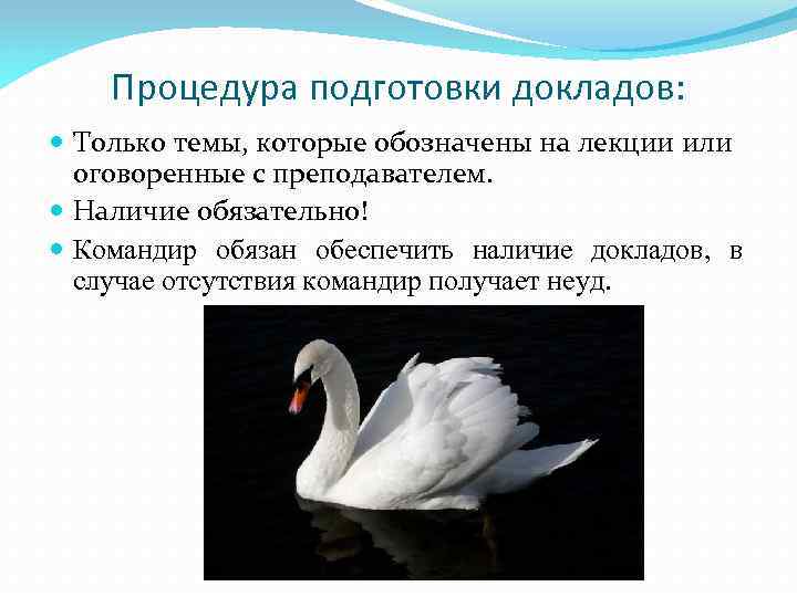 Процедура подготовки докладов: Только темы, которые обозначены на лекции или оговоренные с преподавателем. Наличие