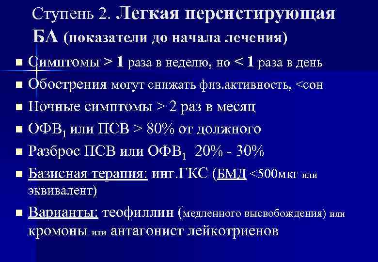 Ступень 2. Легкая персистирующая БА (показатели до начала лечения) Симптомы > 1 раза в