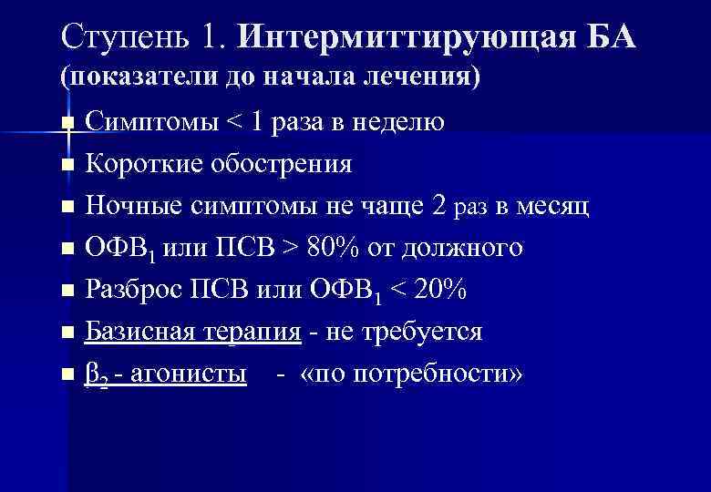 Ступень 1. Интермиттирующая БА (показатели до начала лечения) Симптомы < 1 раза в неделю