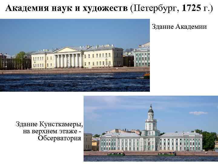 Академия наук и художеств (Петербург, 1725 г. ) Здание Академии Здание Кунсткамеры, на верхнем