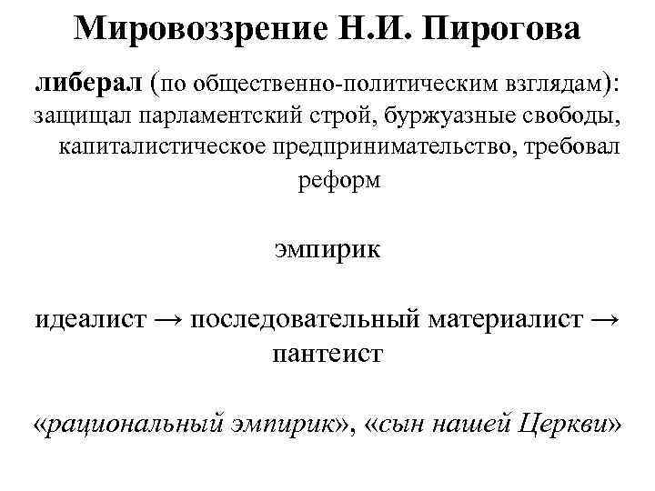 Мировоззрение Н. И. Пирогова либерал (по общественно-политическим взглядам): защищал парламентский строй, буржуазные свободы, капиталистическое