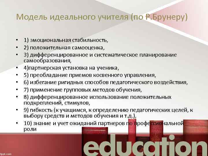 Модель идеального учителя (по Р. Брунеру) • 1) эмоциональная стабильность, • 2) положительная самооценка,