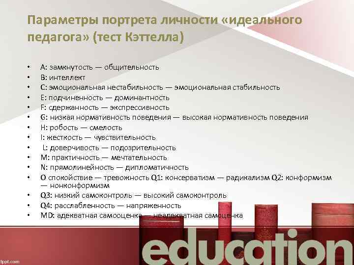 Параметры портрета личности «идеального педагога» (тест Кэттелла) • • • • А: замкнутость —