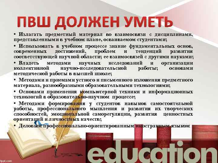 ПВШ ДОЛЖЕН УМЕТЬ • Излагать предметный материал во взаимосвязи с дисциплинами, представленными в учебном