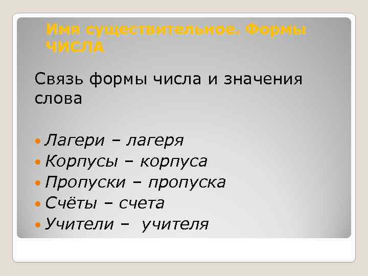 Имя существительное. Формы ЧИСЛА Связь формы числа и значения слова Лагери – лагеря Корпусы