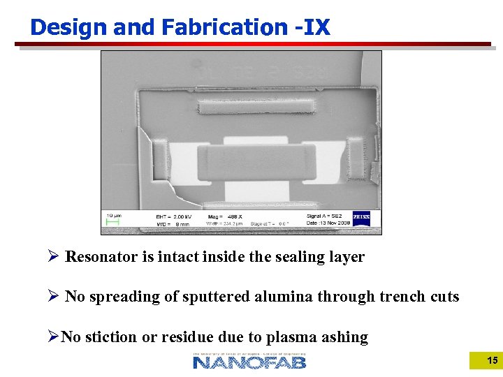 Design and Fabrication -IX Ø Resonator is intact inside the sealing layer Ø No
