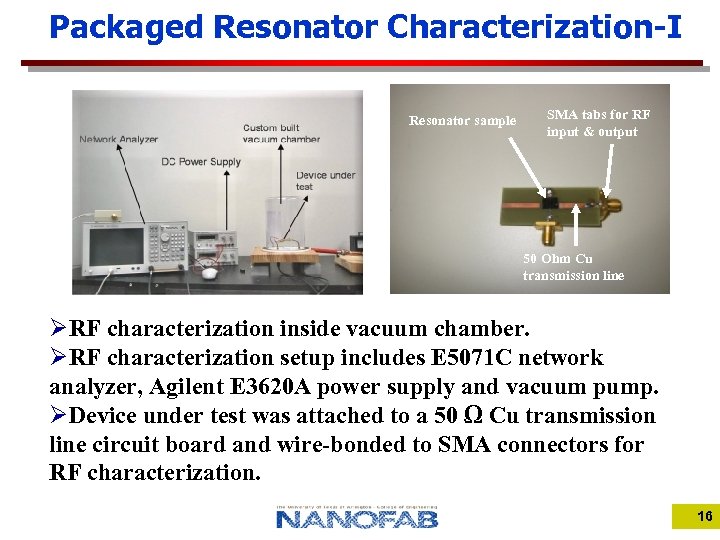 Packaged Resonator Characterization-I Resonator sample SMA tabs for RF input & output 50 Ohm