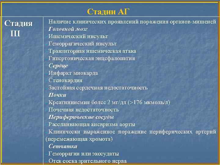 Стадии АГ Стадия III Наличие клинических проявлений поражения органов-мишеней Головной мозг – Ишемический инсульт